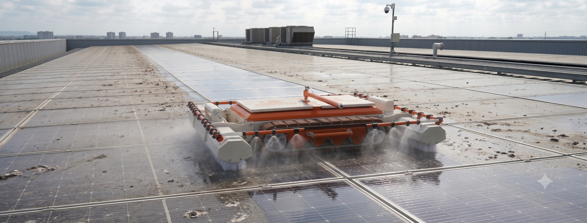 Robot SolarCleanSys limpiando módulos fotovoltaicos en una cubierta industrial